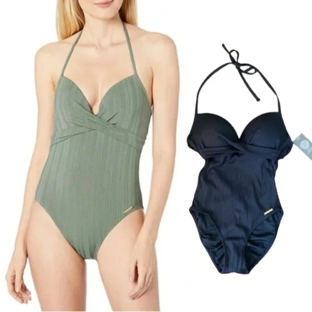 🆕 VINCE CAMUTO one piece ribbed bathing suit black size 12